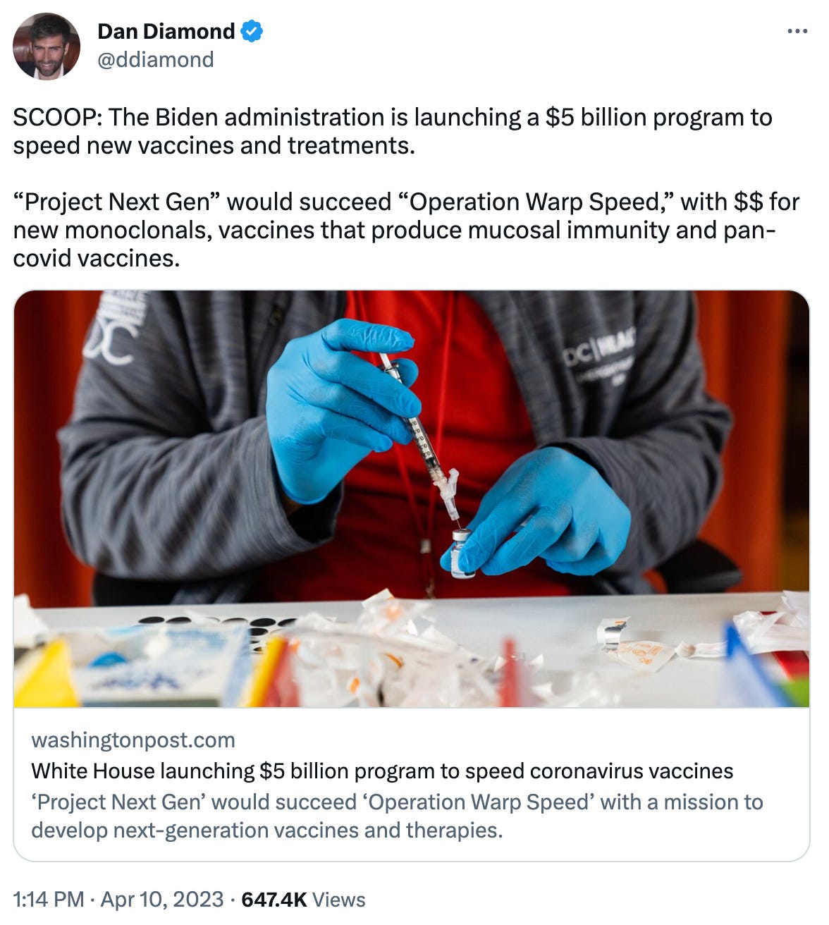 SCOOP: The Biden administration is launching a $5 billion program to speed new vaccines and treatments.  “Project Next Gen” would succeed “Operation Warp Speed,” with $$ for new monoclonals, vaccines that produce mucosal immunity and pan-covid vaccines. washingtonpost.com White House launching $5 billion program to speed coronavirus vaccines ‘Project Next Gen’ would succeed ‘Operation Warp Speed’ with a mission to develop next-generation vaccines and therapies.