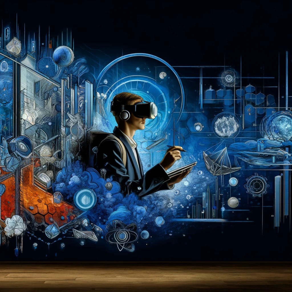 A conceptual image illustrating the theme 'Value Proposition in Immersive Experiences', using blue, white, and orange tones on a dark background. The artwork depicts a person wearing virtual reality goggles, deeply engaged in a futuristic and vibrant virtual environment. This environment showcases various interactive and engaging elements like digital landscapes, interactive data points, and futuristic interfaces, symbolizing the value and appeal of immersive technologies. The scene conveys how these experiences offer unique opportunities for education, entertainment, and personal growth. The color blue symbolizes depth and innovation, white represents clarity and insight, and orange adds vibrancy and energy to the composition.