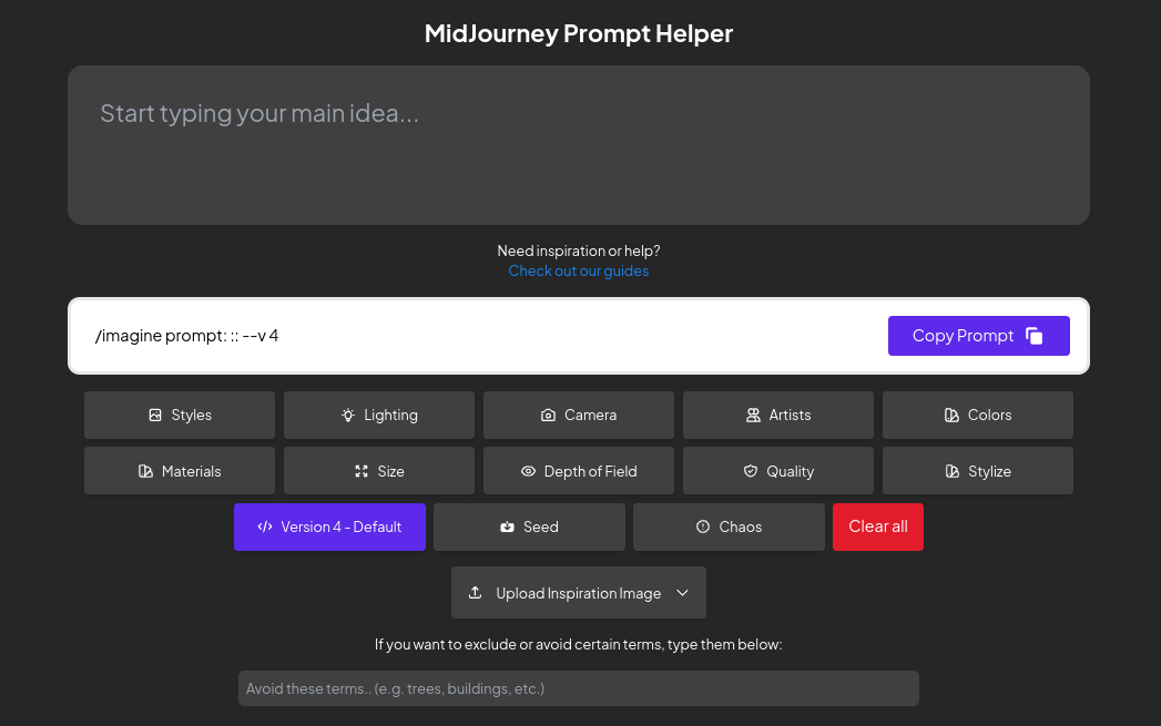 Screenshot of the MidJourney Prompt Helper frontpage