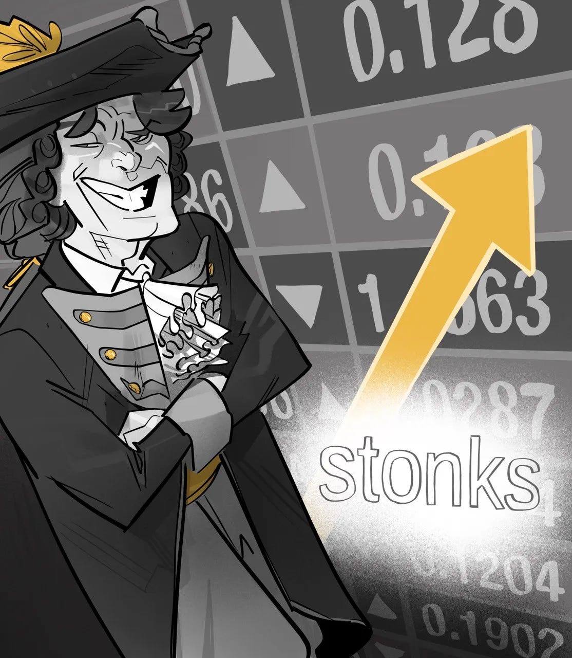 A pirate of the world finance, with a tricorn hat and a british navy coat in front of a screen with the "Stonks" meme on it