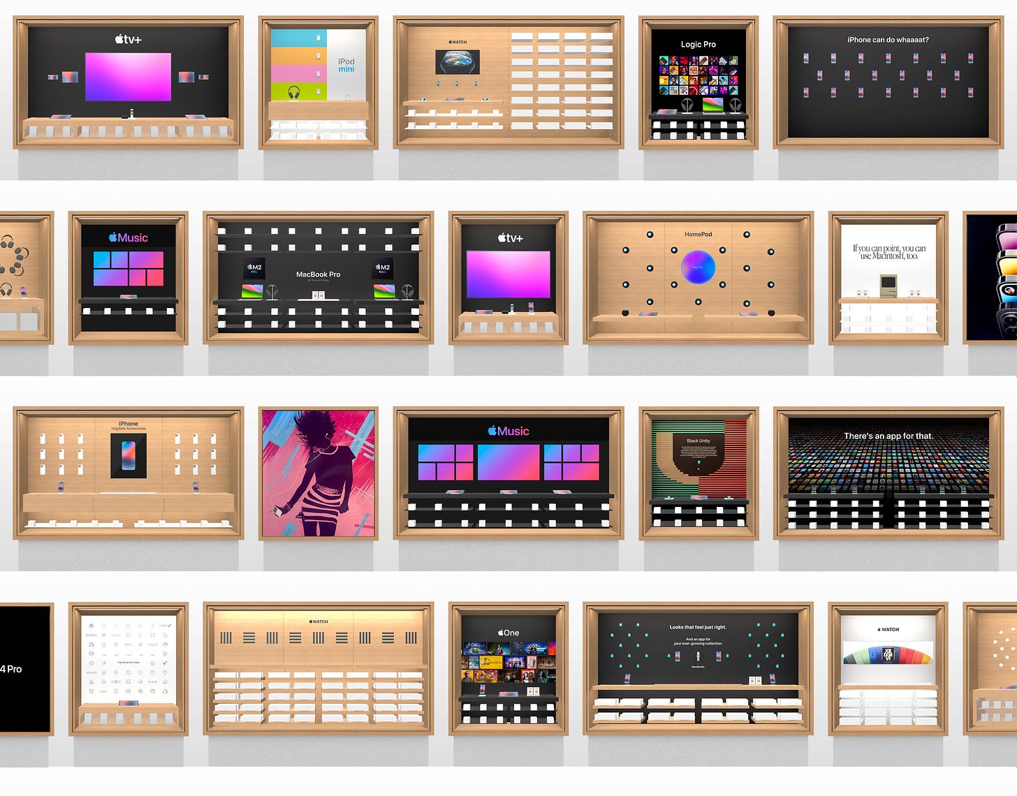 A grid of 24 Apple Store Avenue bays that demonstrate the various designs users can create with Bentos.