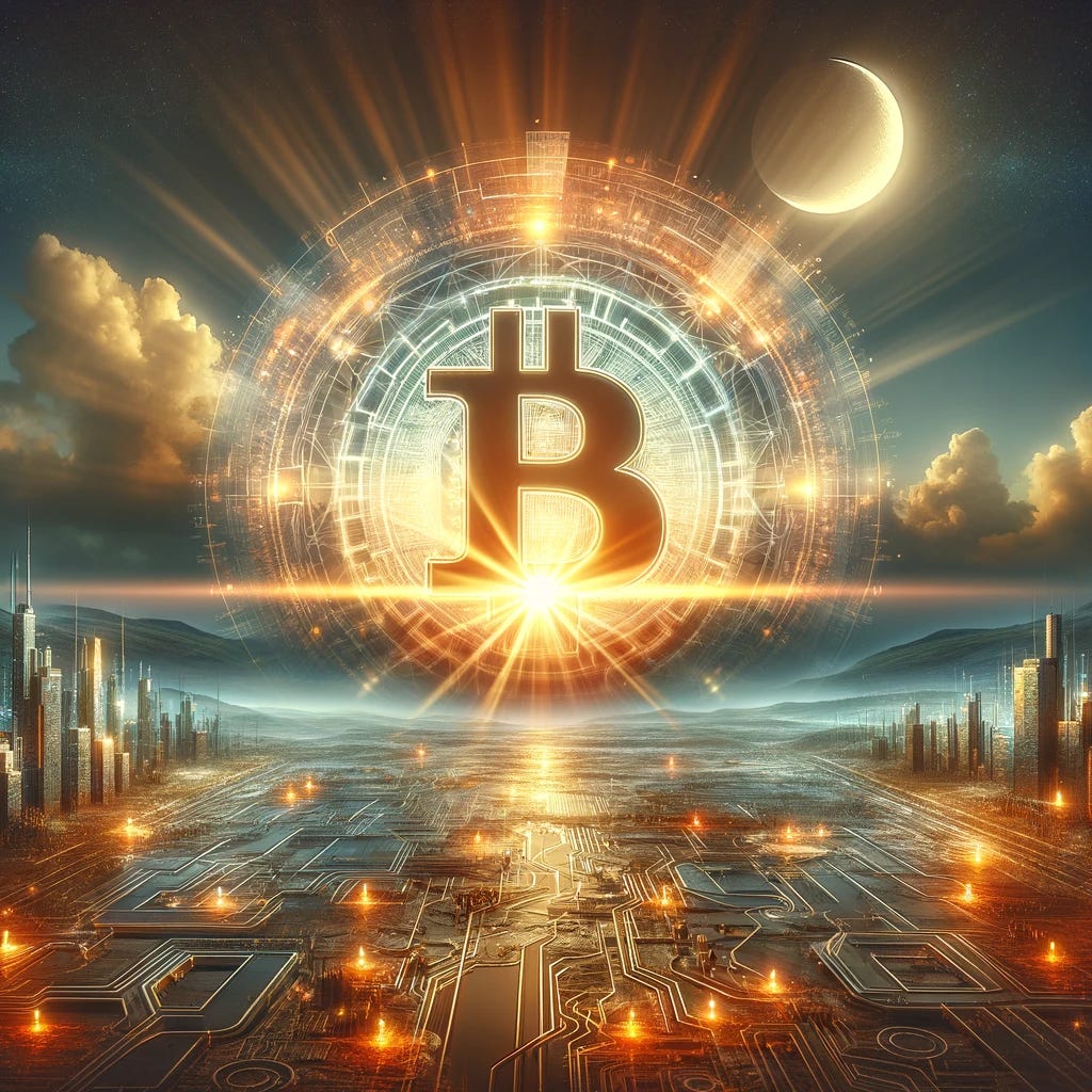 A symbolic image representing the dawn of a new era for Bitcoin. The image features a rising sun over a digital landscape, with Bitcoin symbols prominently displayed. The horizon is filled with futuristic buildings and digital networks, symbolizing growth, innovation, and the integration of Bitcoin into the mainstream financial world. The atmosphere is filled with a sense of optimism and potential, reflecting the transformative impact of Bitcoin in the digital age. The image combines elements of technology, finance, and a new dawn, conveying the idea of a significant shift in the world of cryptocurrency and digital assets.