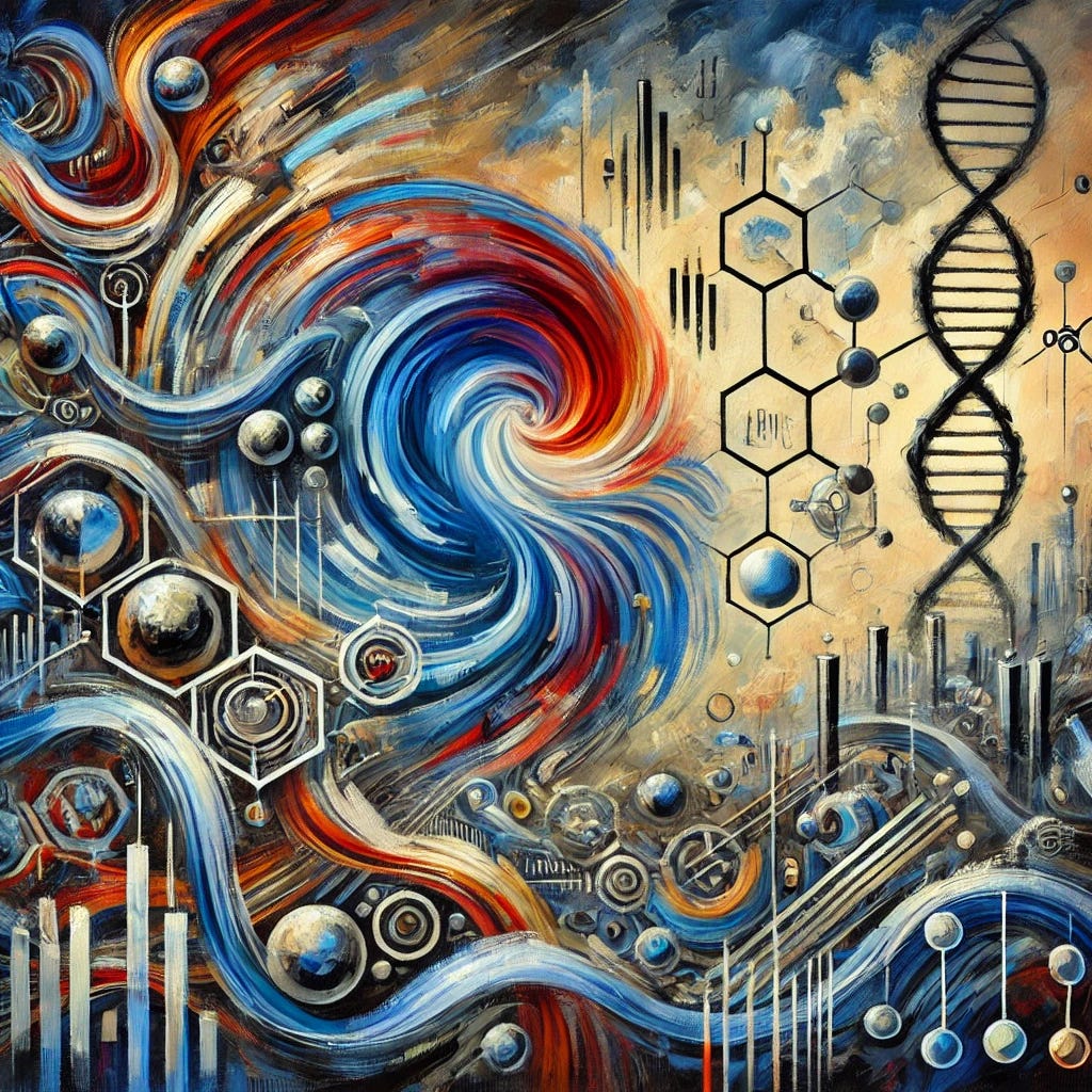 An abstract oil painting with thick, expressive brush strokes depicting the chaotic yet structured themes of scientific processes, commercial influences, and testing evolution. The composition uses vibrant swirls of blue, red, and gold representing PCR technology, interconnected lines symbolizing global distribution networks, and fragmented patches of grey and black denoting conflict, limitations, and quality control issues. The brush strokes convey tension and dynamism, suggesting the clash of science, policy, and commerce. The overall tone blends controlled order with abstract unpredictability.