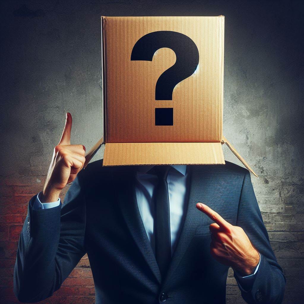 Man with a mystery box on his head with a giant question mark.