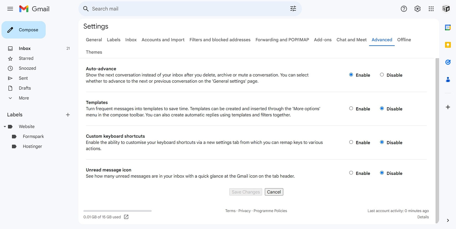 Screenshot of Auto-advance settings - Part One