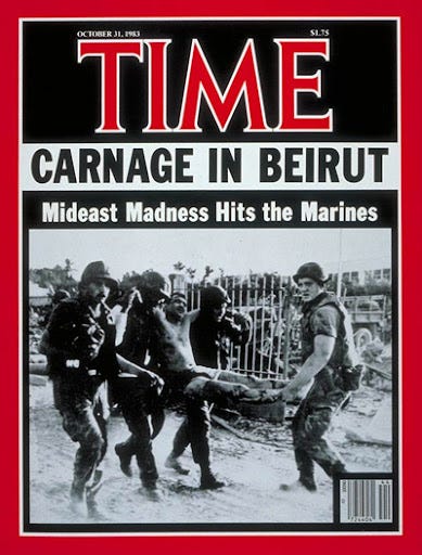 Time Cover titled 'Carnage in Beirut'. This graphic honors the victims of the Beirut barracks bombing, featuring a somber black-and-white design with the date of the tragic event, October 23, 1983, prominently displayed. The design reflects remembrance for U.S. Marines and other service members lost in the attack, symbolizing the significance of this historical event in military history.