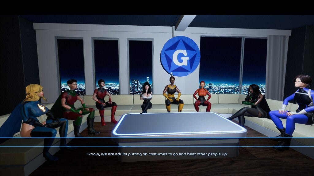 A group of superheroes is sitting on a U-shaped couch while their leader says "We are adults putting on costumes to go beat people up"