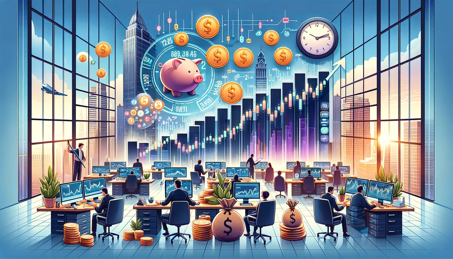 A wide image illustrating investment in stocks, savings, money, prudent risk management, and growing profits over time. The scene features a modern office setting with large windows showcasing a cityscape. There are elements such as stock charts, piggy banks, coins, and money stacks. People are seen discussing investments and analyzing data on computer screens displaying stock prices and growth charts. A clock on the wall symbolizes the passage of time. The atmosphere is professional, with a sense of careful planning and successful financial growth.