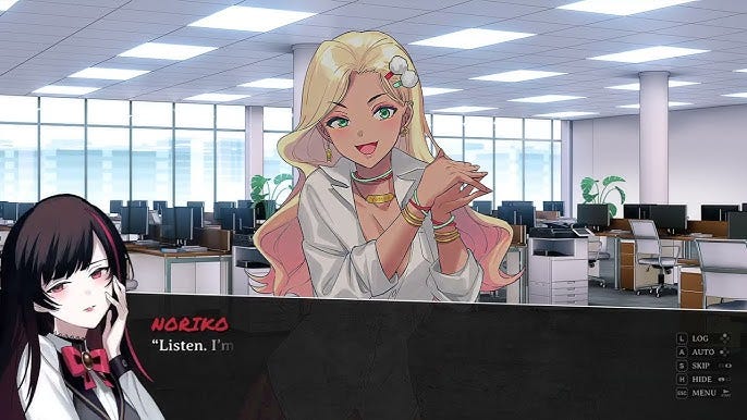 Tomoe standing smiling in an office talking to Noriko, whose perspective the reader/player is occupying.