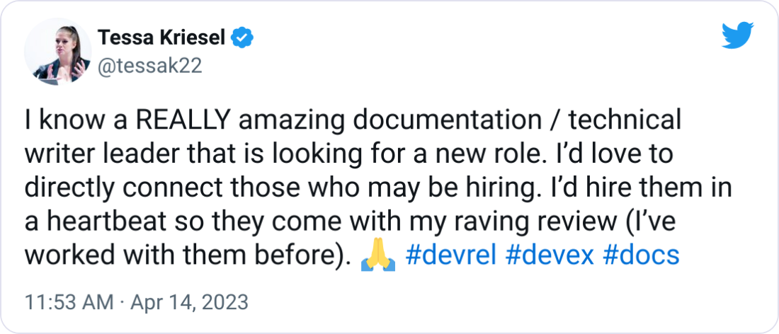I know a REALLY amazing documentation / technical writer leader that is looking for a new role. I’d love to directly connect those who may be hiring. I’d hire them in a heartbeat so they come with my raving review (I’ve worked with them before). 🙏 #devrel #devex #docs
