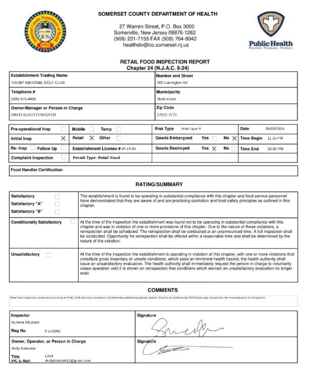 The first page of the health inspection
