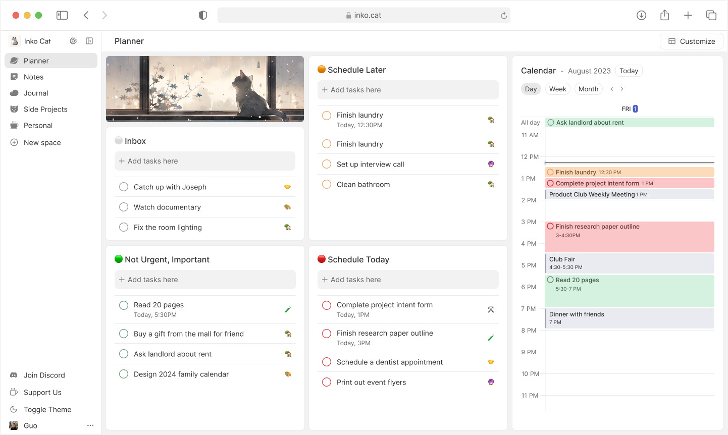 Dashboard with an image, four task list blocks for inbox, not urgent, schedule later, and schedule today tasks and a calendar
