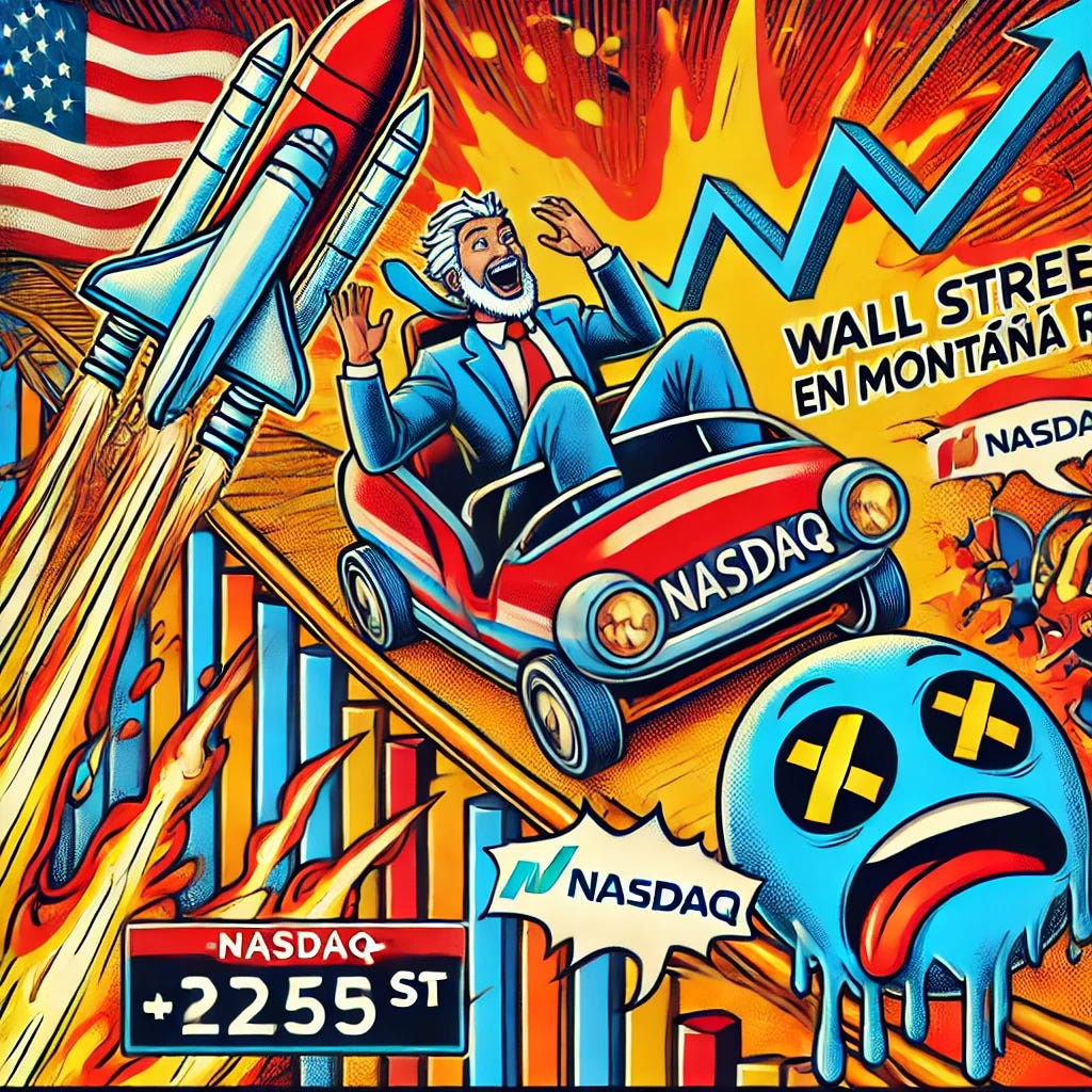 A bold pop-art style illustration depicting a financial roller coaster with the Dow Jones surging upward, symbolized by a rocket, while the Nasdaq and technology sectors crash dramatically with melting charts and burning tech devices. The scene should have a dynamic, exaggerated pop-art design with vibrant reds, blues, and yellows. The words 'Wall Street en Montaña Rusa' should be clearly displayed in a bold, comic-style font, with dramatic financial symbols integrated into the design.