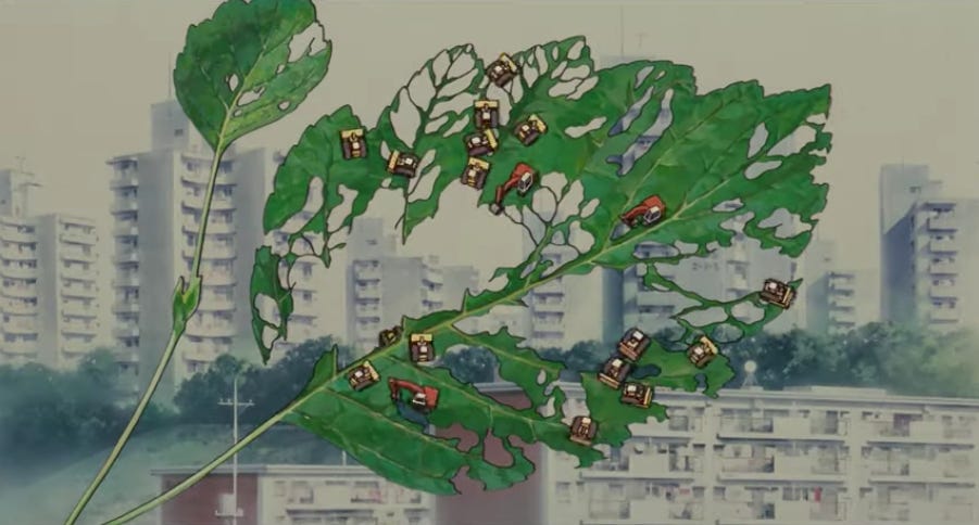 ilustração em aquarela absolutamente perfeita. ao fundo, uma cidade cheia de prédios cinzas. sobreposta à imagem da cidade, uma folha verde sendo carcomida por vários mini tratores.