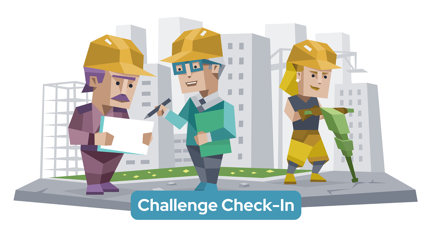 Three construction workers wearing yellow hard hats are at a building site. An Analyst holds blueprints while a Sentinel stands beside him, pointing at the blueprints with a pen. The third construction worker – an Explorer – operates a jackhammer. City buildings are visible in the background. Below, the words 'Challenge Check-In' are shown.