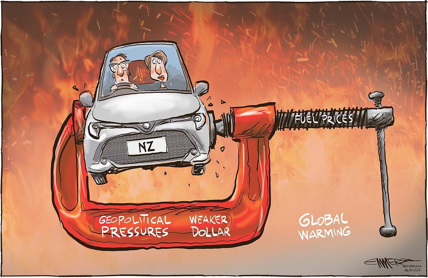 Emmerson cartoon showing NZ consumers being squeezed. 