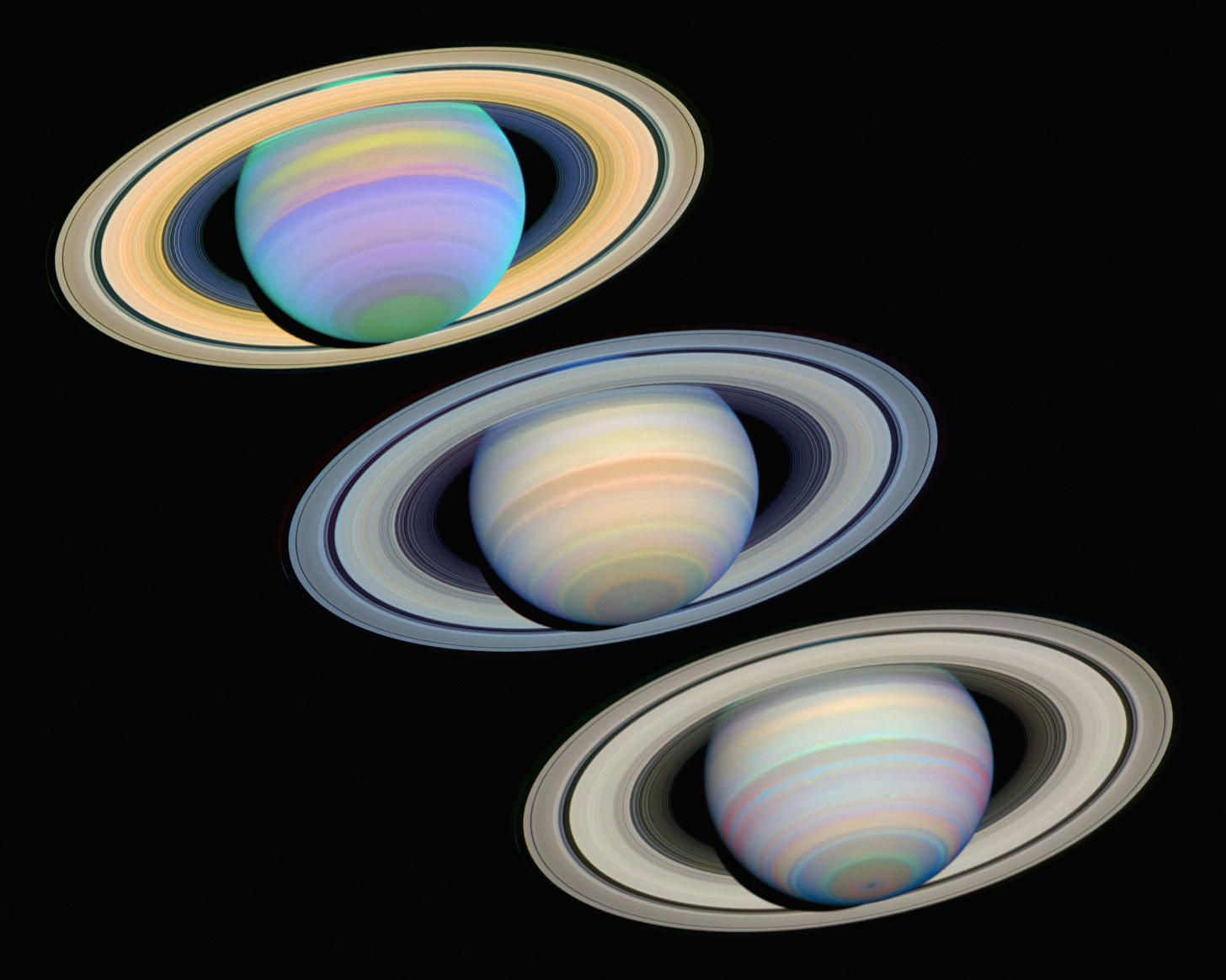 Three images of Saturn by the Hubble Space Telescope.