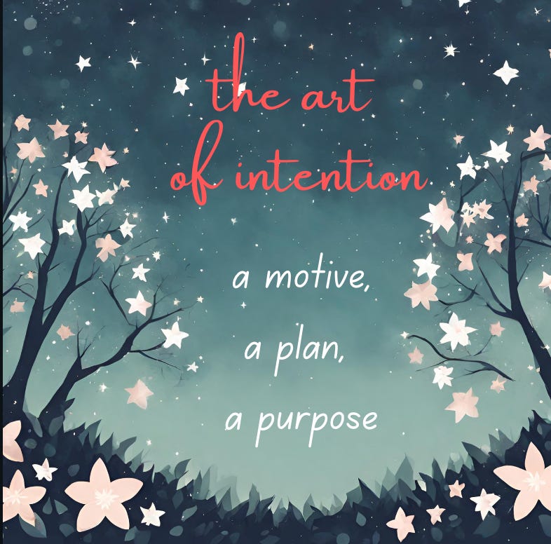 Picture of trees with stars that says the art of intention, a motive, a plan, and a purpose