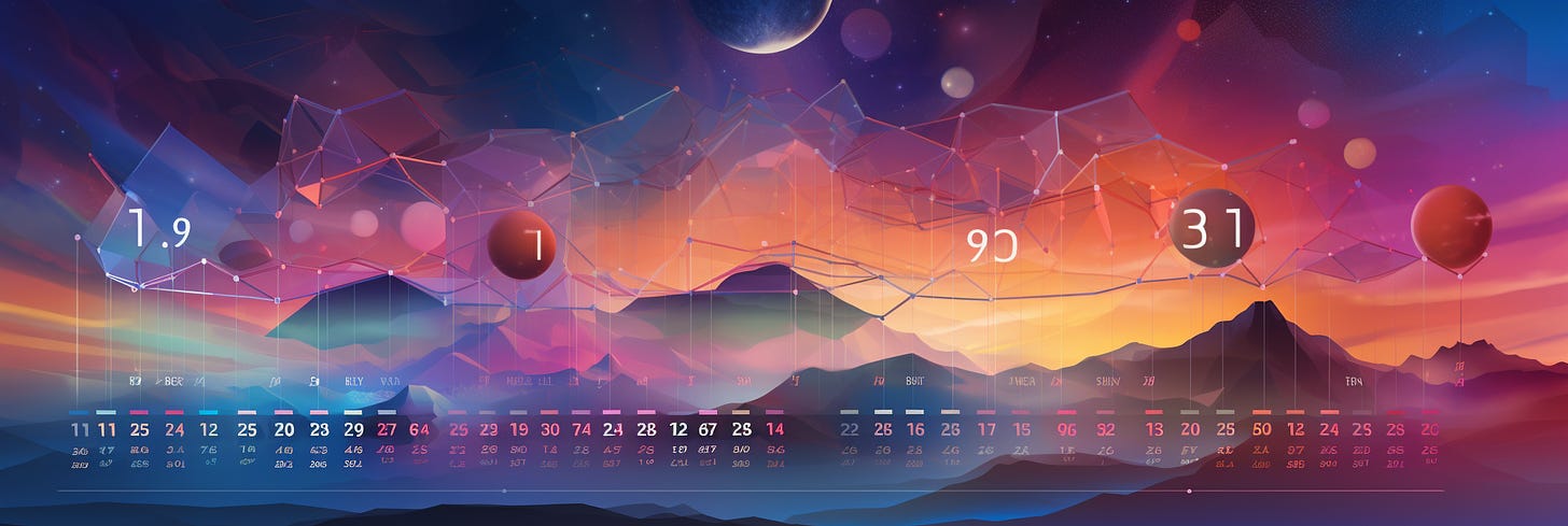 The image is a panoramic digital illustration that combines elements of a futuristic data interface with a natural landscape. The bottom of the image displays a horizontal series of numbers and codes in various colors, reminiscent of a digital calendar or a complex data readout. Above this, the main visual consists of a network of interconnected lines and nodes forming geometric shapes, floating above a mountainous landscape at twilight. Large spherical shapes, resembling balloons or celestial orbs, are interspersed within the network, with numbers inside them, perhaps indicating specific data points or dates. The sky transitions from a night sky peppered with stars and a visible moon to a dawn or dusk palette with deep oranges and purples.