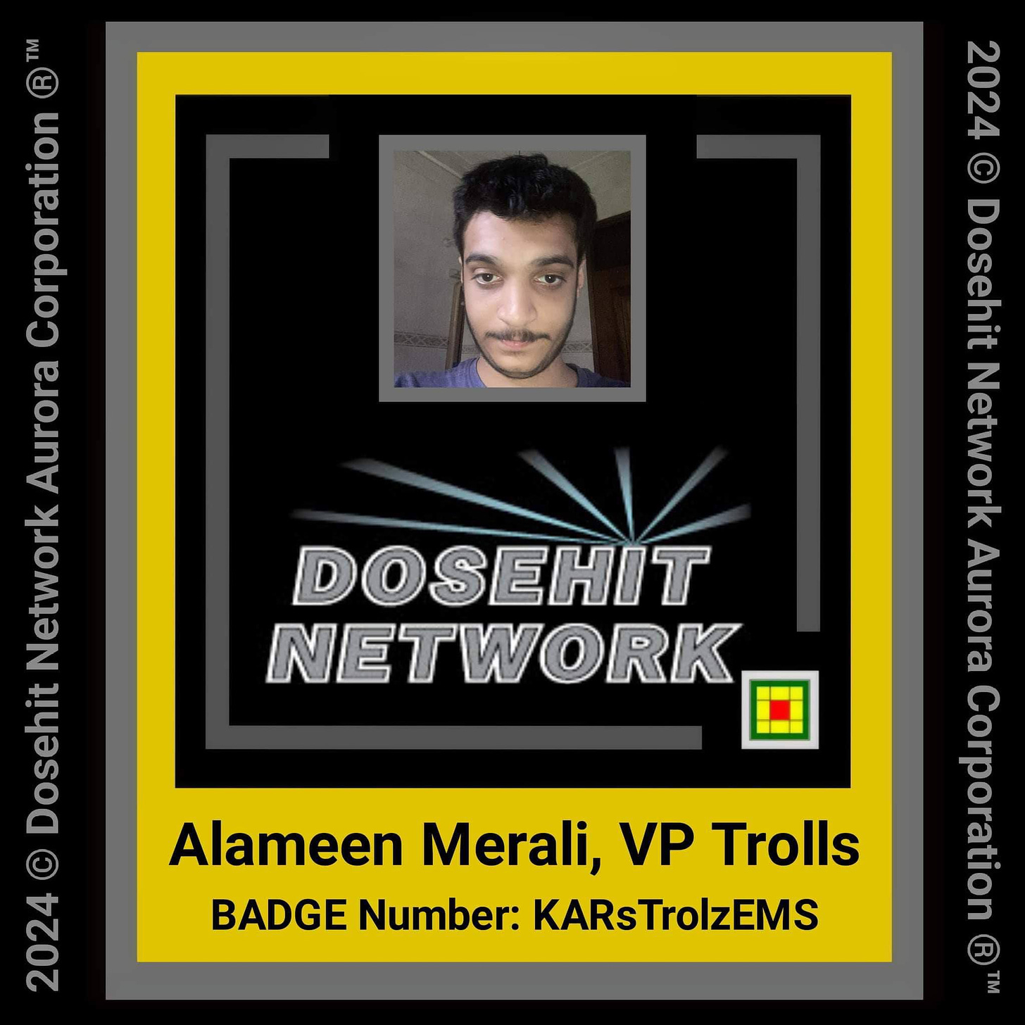 May be a graphic of 1 person and text that says "2024 Dosehit Network Aurora က DOSEHIT NETWORK B porati Corporation Aurora Nelo enan Network Alameen Merali, VP Trolls 2024 BADGE Number: KARsTroIzEMS"