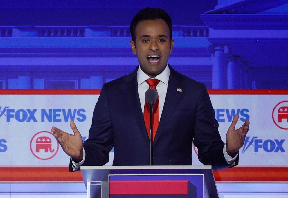 PHOTO: Former biotech executive Vivek Ramaswamy speaks at the first Republican candidates' debate of the 2024 U.S. presidential campaign in Milwaukee, Aug. 23, 2023.