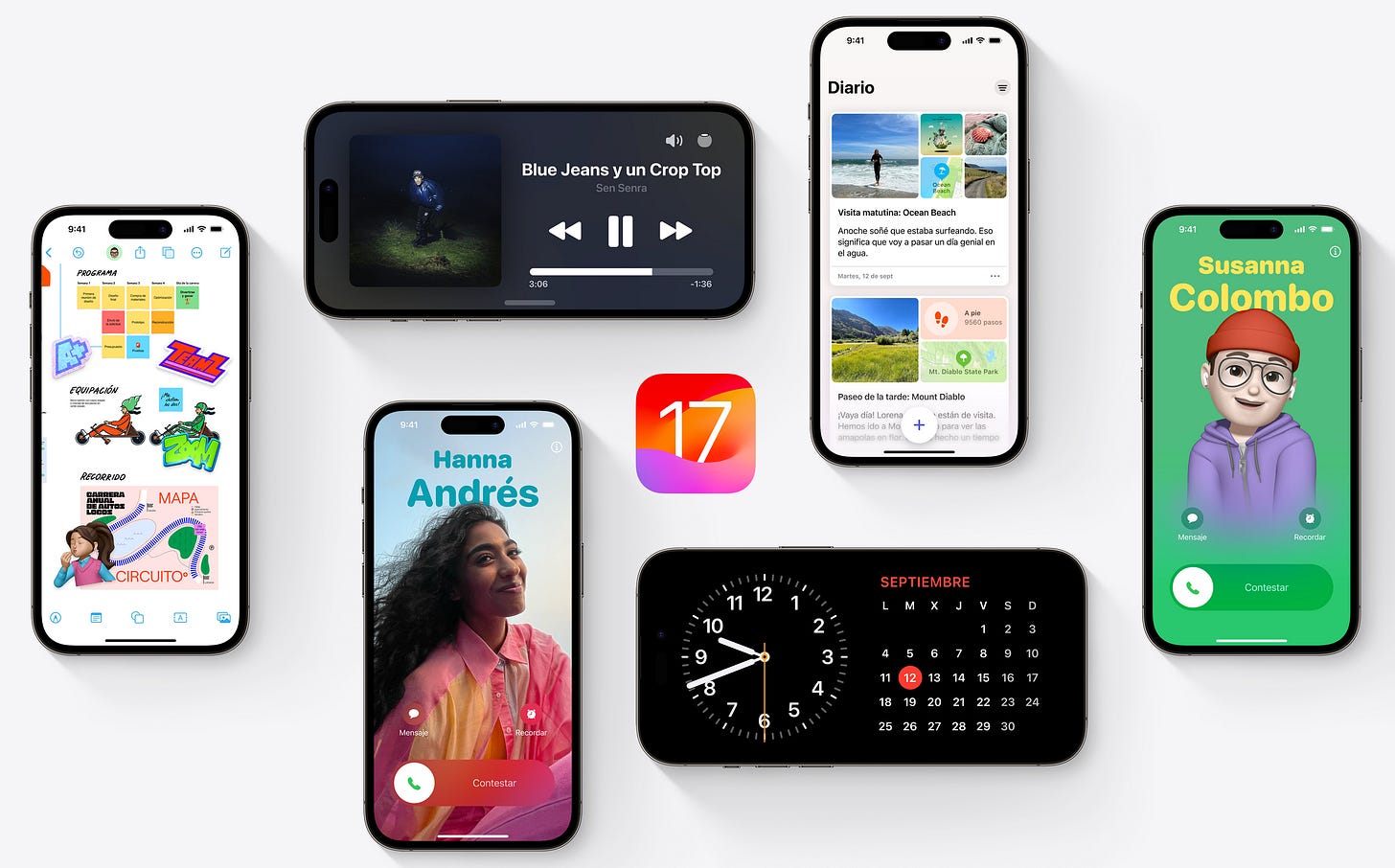 Imagen promocional de iOS 17 donde se ven las nuevas funcionalidades que describo más adelante en el texto