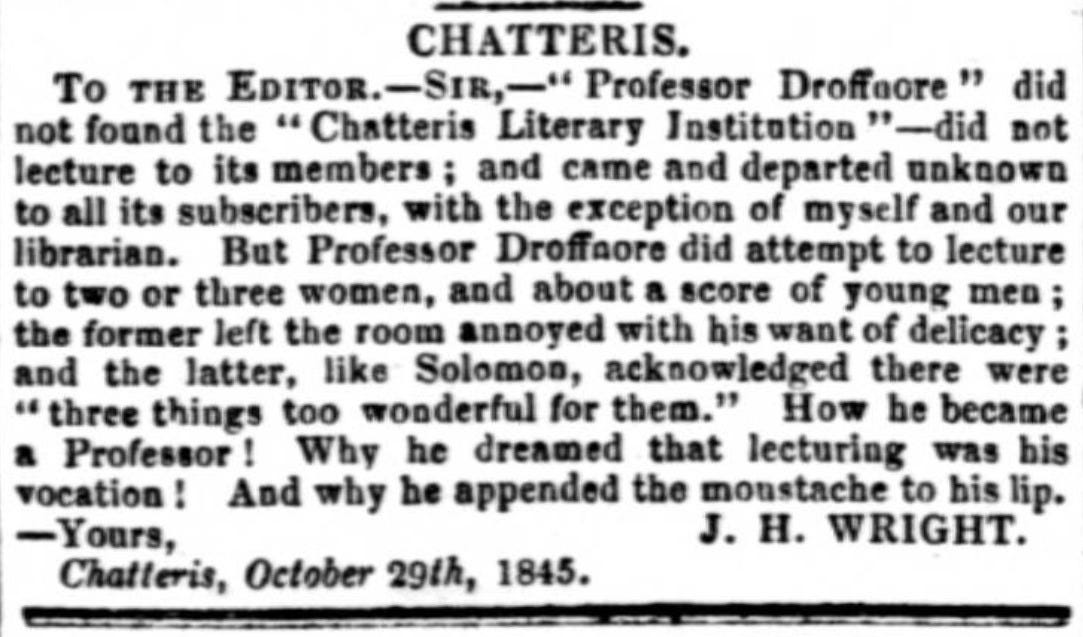 Doffnore’s lectures were not always successful, Cambridge Independent Press, 1 November 1845