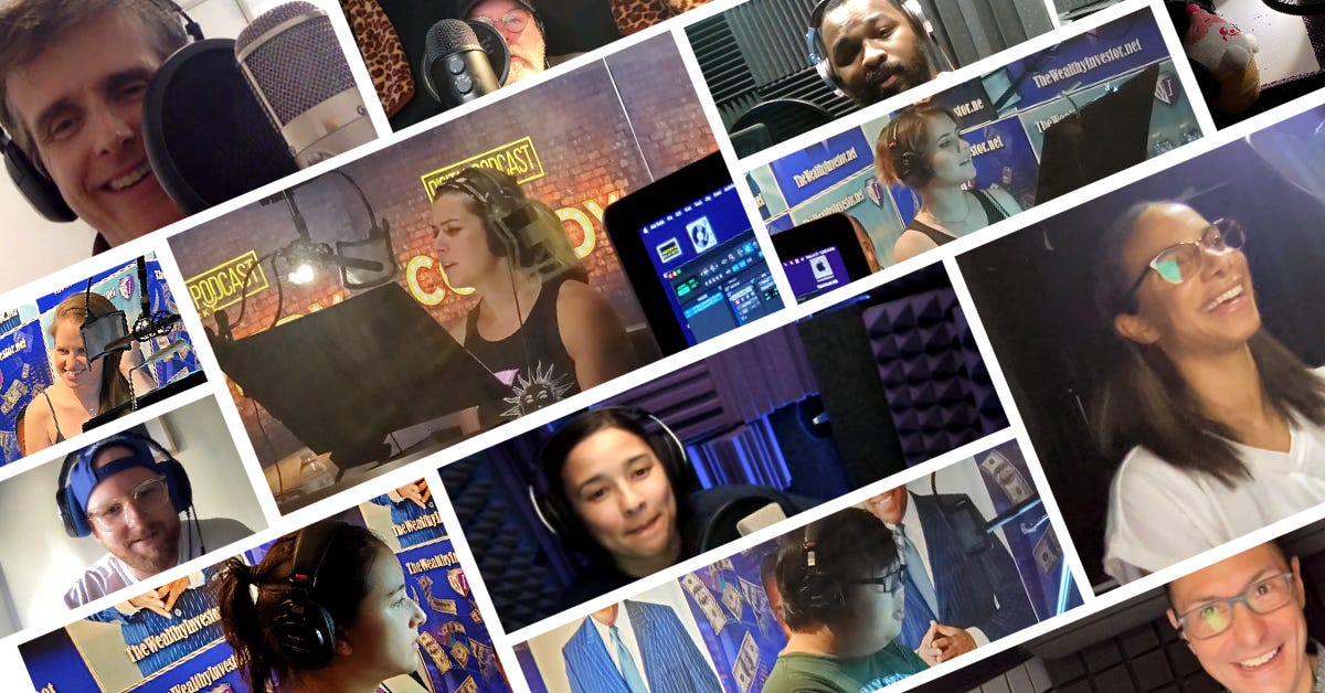 Photo collage of various voice actors recording Cook Serve Forever