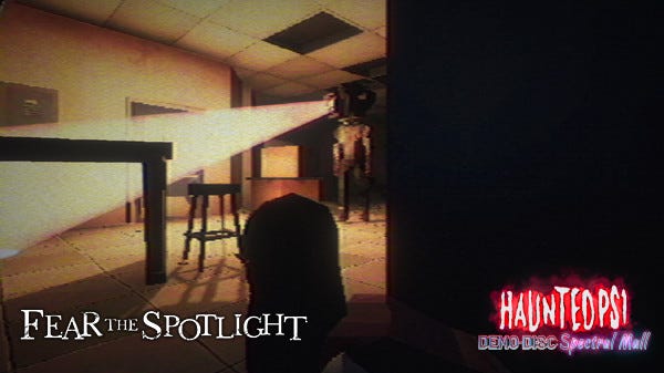 Fear the Spotlight. A low poly-image of a girl ducking behind a corner as a tall man with a spotlight for a head passes through the school hallway in front of her.