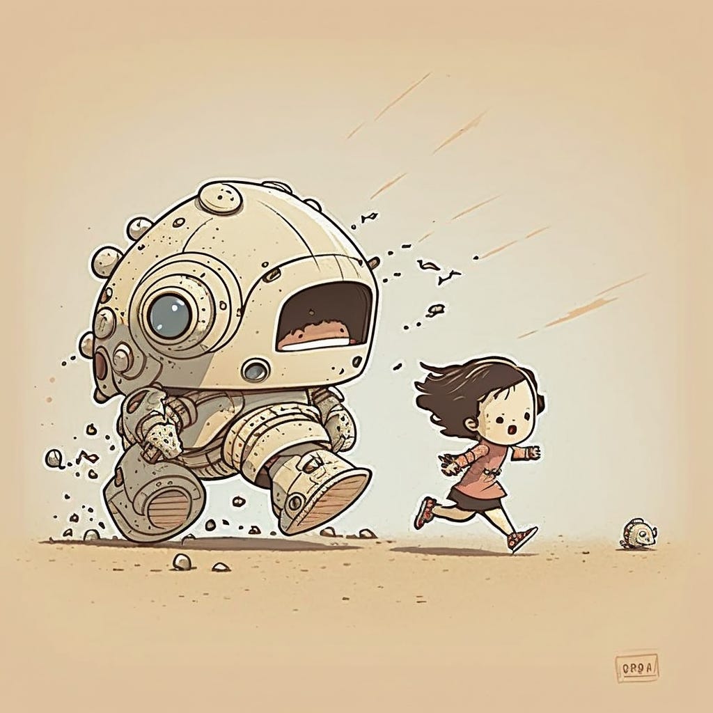 cute robot, running after a scared human, whimsical, 2d flat, Japanese style, manga