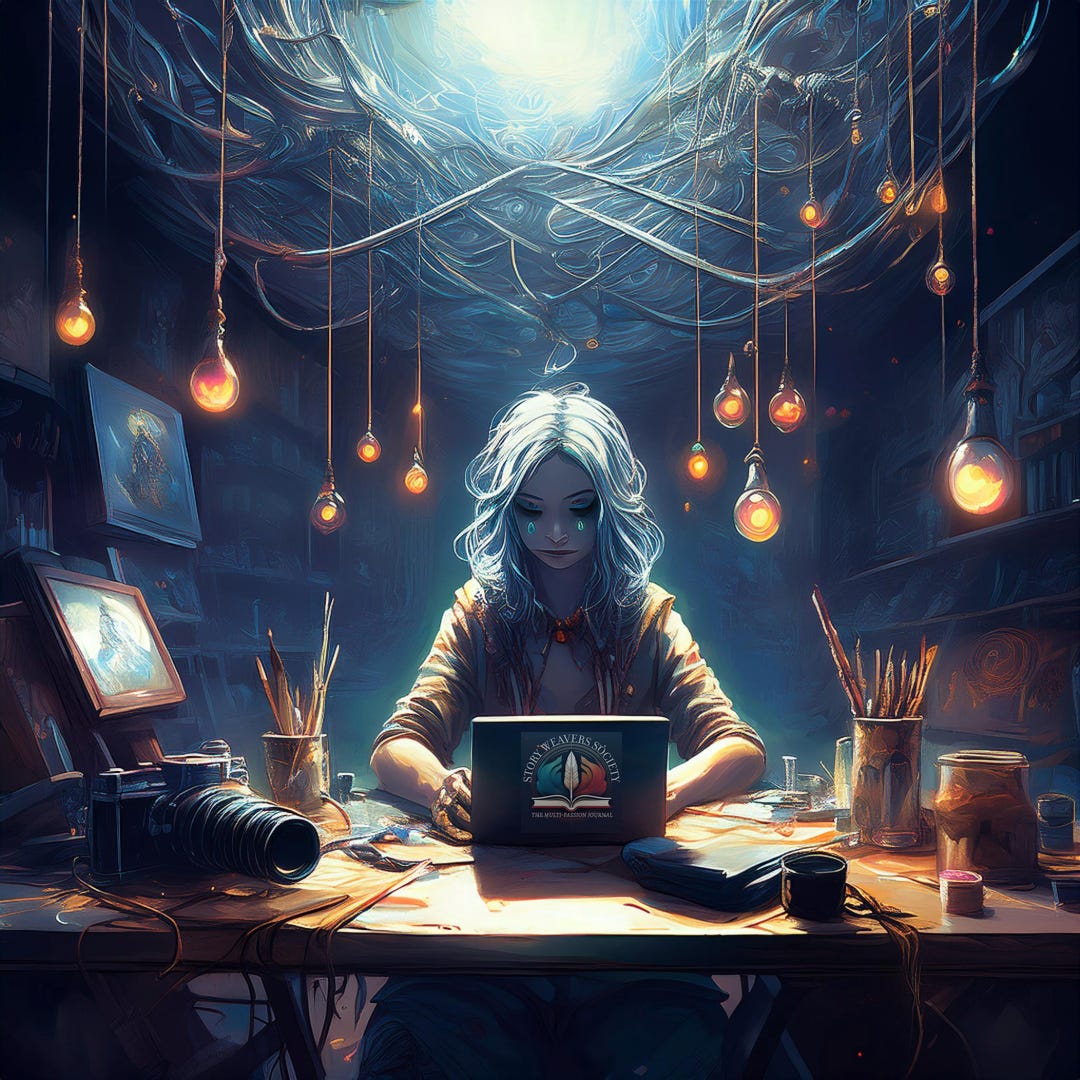 An image of woman looking sad at her laptop, surrounded by cameras, paintbrushes, papers, and lightbulbs with a streaming light from overhead.