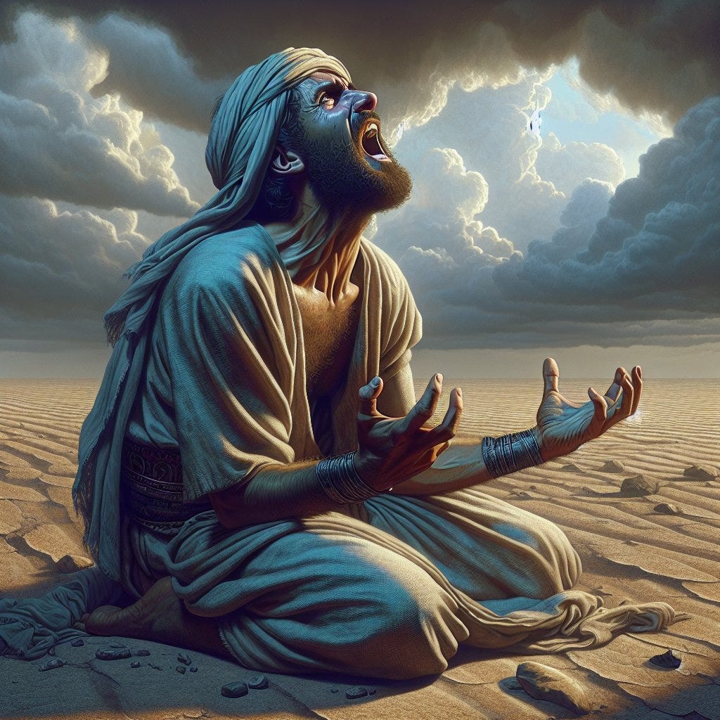 Job 3:1 - "After this opened Job his mouth, and cursed his day."

Create a digital art representation of a narrative scene. It is inspired by the biblical verse Job 3:1 - 'After this, Job opened his mouth, and cursed his day.' The scene depicts a Middle-Eastern man, presumed to be Job, in a moment of despair. He's sitting on the ground, with an open mouth as if he's speaking or shouting. His hands are clenched, and his eyes are filled with emotion, reflecting his curse towards his day. The setting is desert, barren and harsh, reflecting his struggles. The scene is depicted under a brooding sky, amplifying the hopelessness. However, all these should be done in a style that resonates with the characteristics of digital art which includes clear lines, vibrant colors, and intricate patterns.