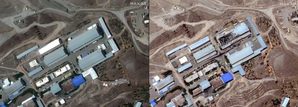 Satellite images showing damage to a building complex.