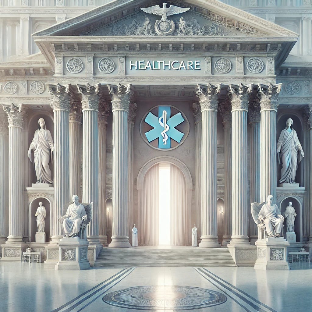 A grand hospital resembling a majestic temple with large classical columns and intricate architecture. The building seamlessly incorporates medical and religious symbols. The environment is serene and clean, with statues representing healthcare and faith. Soft, ethereal lighting creates a solemn and reverent atmosphere, highlighting the architectural grandeur and symbolic significance. No text included.