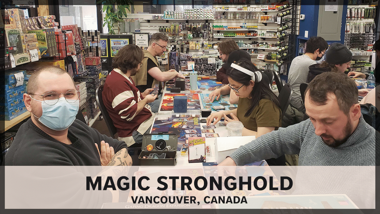 A slideshow of images of people playing KeyForge at various local game stores around the world