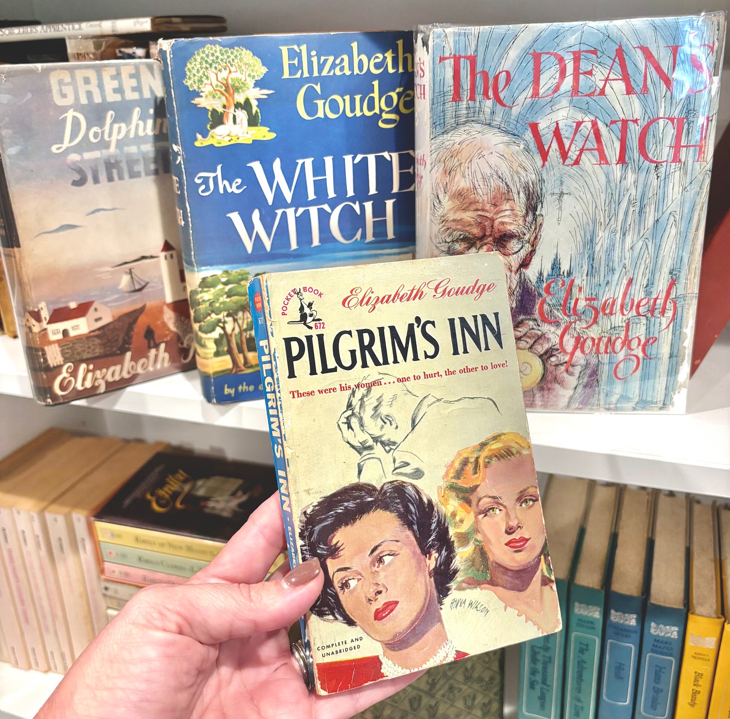 Mary’s Goudge books including a paperback edition of Pilgrim’s Inn. Photo by Mary Prather