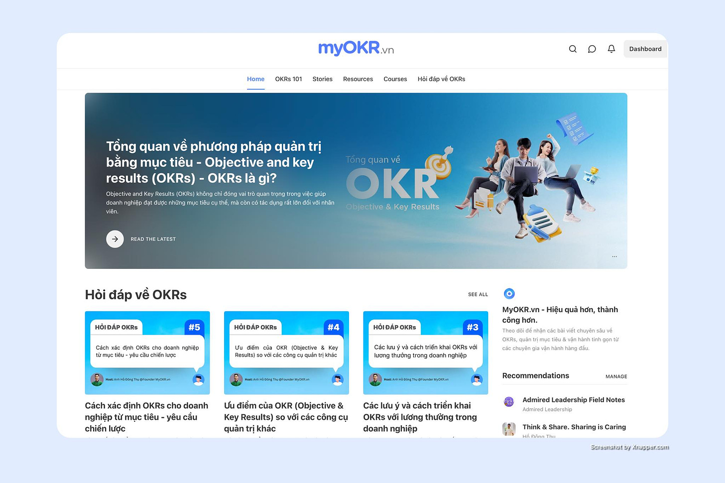 May be an image of 3 people and text that says 'Home myOKR.v OKRS1 Stories Rescurces Courses HỏidápvéOKA OKAS Dashboard Tồng quan về phương pháp quản trị bằng mục tiêu Objective and key results (OKRs) OKRs gì? Key rong quan OKR Results LATEST Hỏi đáp về OKRs HÓIDAP OKRS HOIDAP OKRs doanh nghiệp SEEALL #4 HOIDAP lobjective Key 当がこををすこ自お、ず」はでう MyOKR.vn Hiệu #3 thành OKRs MALNGRO/TUHW/V.aKA Cách định OKRs cho doanh nghiệp mục yêu cấu chiến lược điểm của OKR (Objective Kcy Results) so các công cụ quản khác Recommendations Các lưuý và cách triến khai OKRs lương thưởng trong doanh nghiệp MANADE Admired Leadership Notes Think Share. Sharingi Caring Anpppat.com'