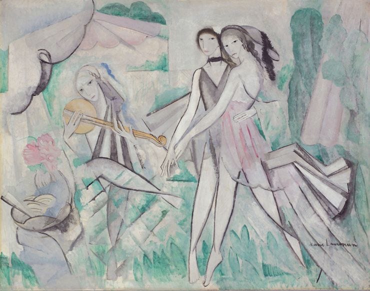 Painting in muted colors of two long-limbed women dancing together while third plays a stringed instrument