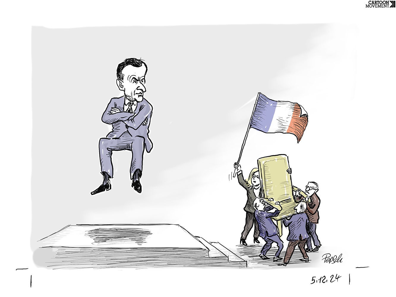 Cartoon showing Macron sitting in the air with his arms crossed, while his chair is removed from under him.