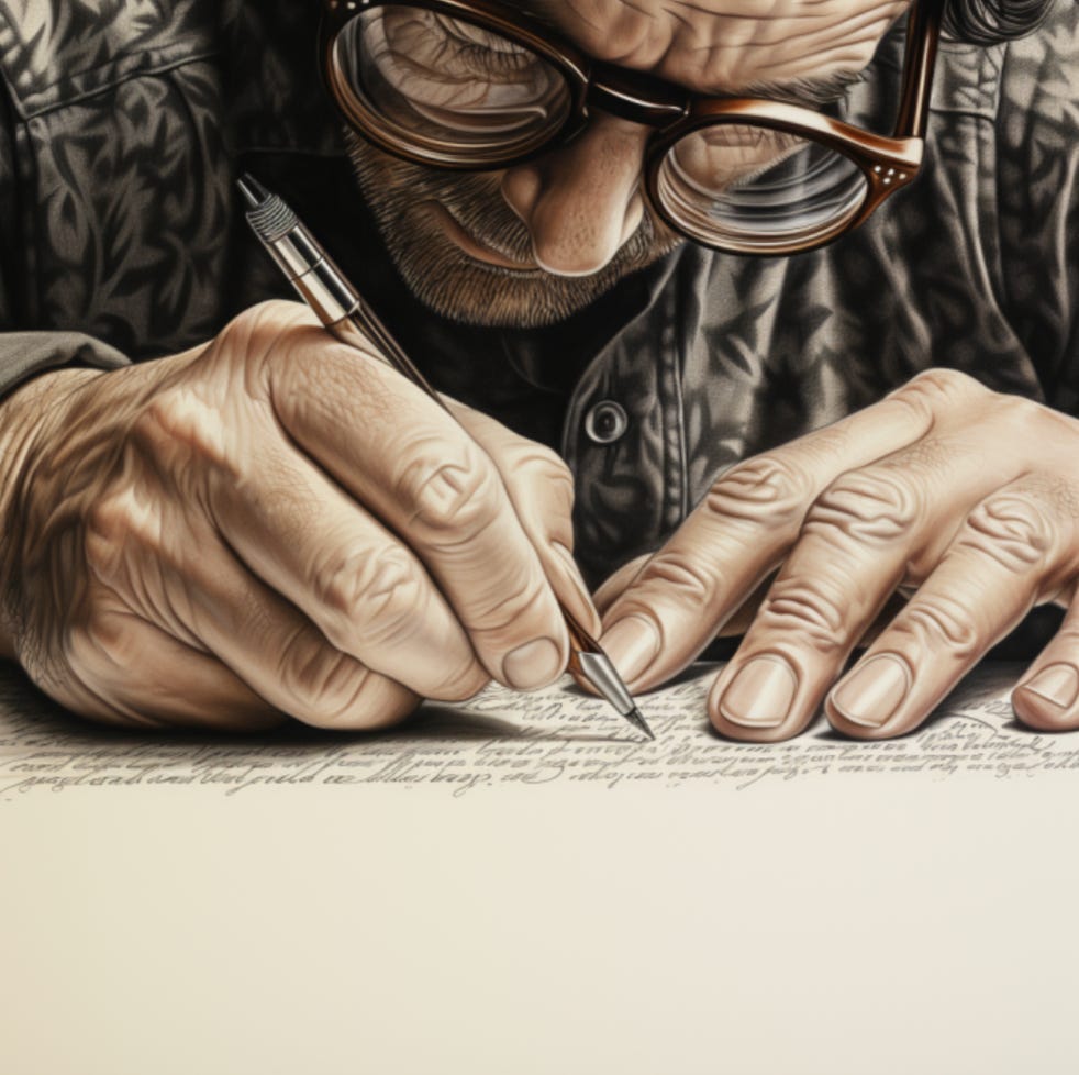 David Josef Volodzko: Illustration of a Man Laboring over a Letter