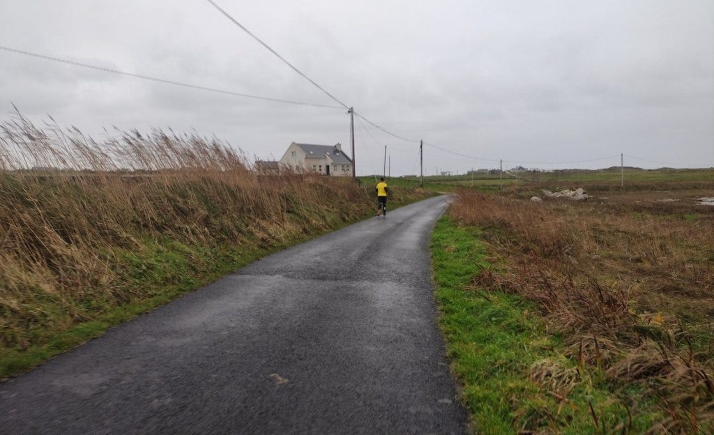 A single runner - a local taxi driver, I found out later - ahead of me on the road. Tall grass at the side of the road leans against the wind.