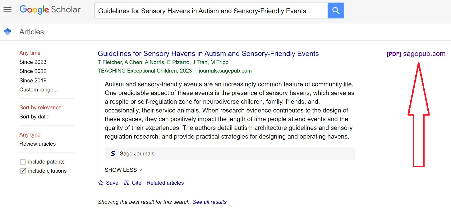 Screen shot of a Google search query, "Guidelines for Sensory Havens in Autism and Sensory-Friendly Events." In the righthand column of the page is a link, "[PDF] sagepub.com." I added a big red arrow pointing to it.