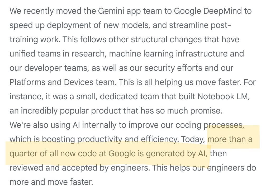 We recently moved the Gemini app team to Google DeepMind to speed up deployment of new models, and streamline post-training work. This follows other structural changes that have unified teams in research, machine learning infrastructure and our developer teams, as well as our security efforts and our Platforms and Devices team. This is all helping us move faster. For instance, it was a small, dedicated team that built Notebook LM, an incredibly popular product that has so much promise. We're also using Al internally to improve our coding processes, which is boosting productivity and efficiency. Today, more than a quarter of all new code at Google is generated by Al, then reviewed and accepted by engineers. This helps our engineers do more and move faster.