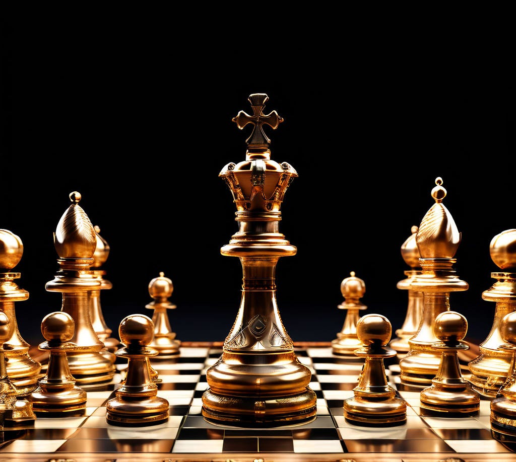 A ornate golden chess set on a board, with the king piece prominently standing tall in the center, symbolizing users regaining sovereignty over their data and work through open file formats and platforms that prevent vendor lock-in.