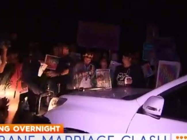 Protesters claim cars were used as weapons in the clash. Picture: Channel 9