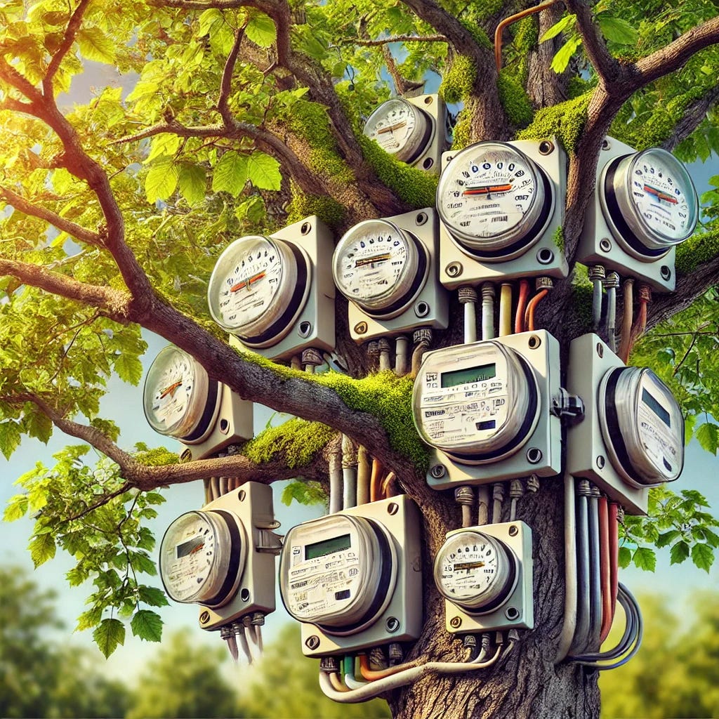 A surreal image of electrical meters attached to tree branches, blending industrial and natural elements. The tree is vibrant with green leaves, and its branches hold the meters as if they are natural fruits. The meters are detailed with dials, numbers, and wiring, harmoniously integrated into the tree's organic structure. The background is a sunny day in a serene forest, emphasizing the contrast between nature and technology.