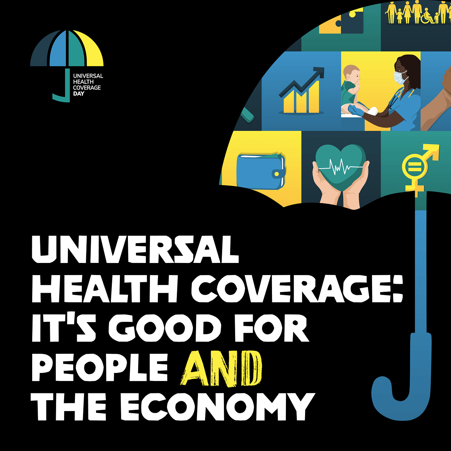 Graphic with an umbrella and the following text: Universal Health Coverage: It's good for people and the economy.