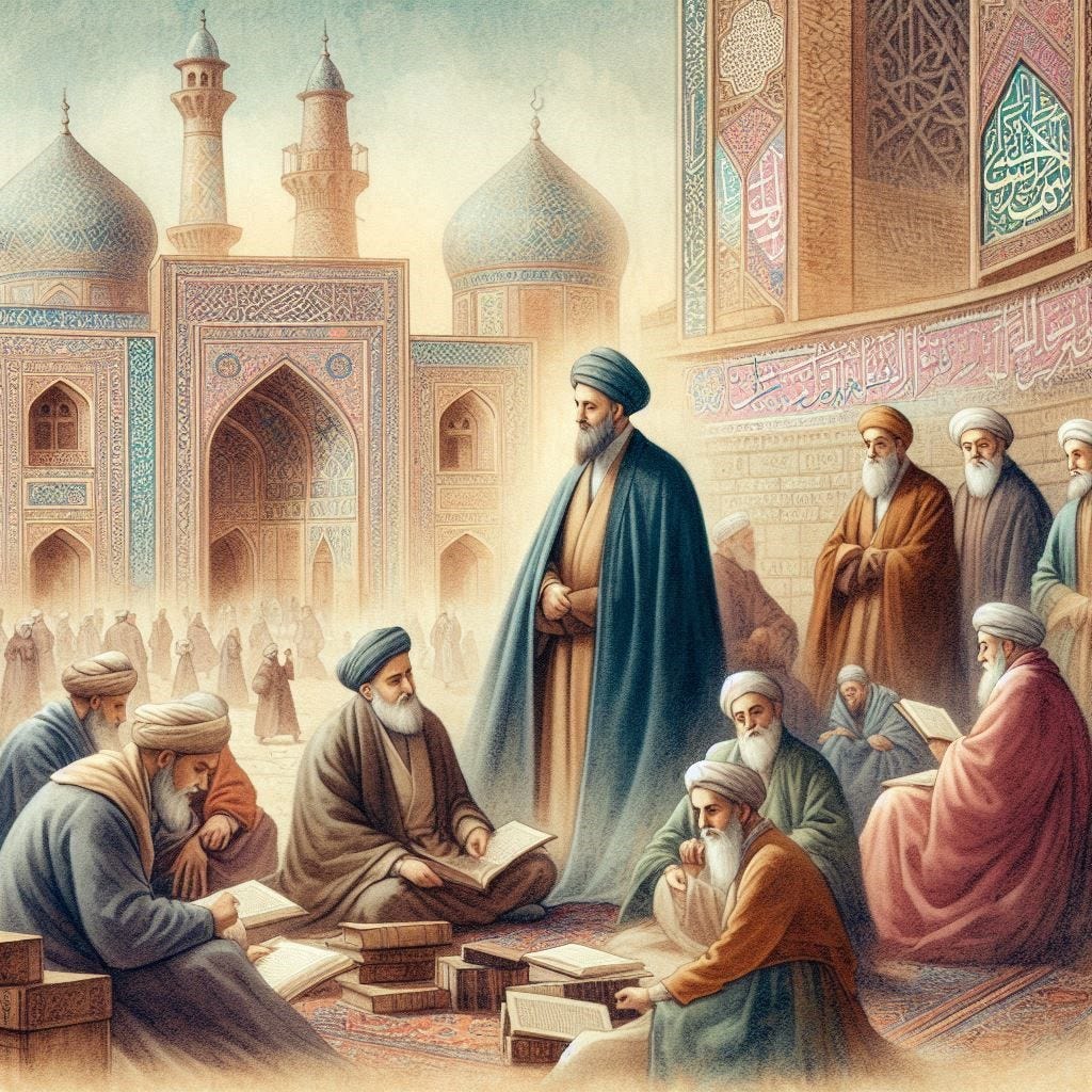 Create an image inspired by Iranian watercolours with pastel colors, depicting the life and contributions of Ibn al-Fahd al-Hilli. Include elements such as medieval Islamic architecture, scholars in traditional attire, and scenes of intellectual discussions. Use soft, muted tones to evoke a sense of historical depth and scholarly pursuit. Incorporate subtle details like manuscripts, books, and calligraphy to highlight his work in Islamic jurisprudence, theology, and spirituality.