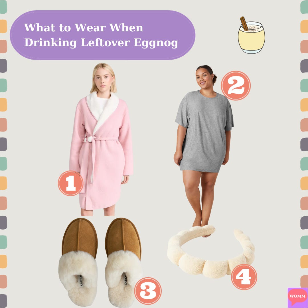 Showcasing four product recommendations, including a pink robe, grey oversized shirt, brown fuzzy slippers, and a white headband