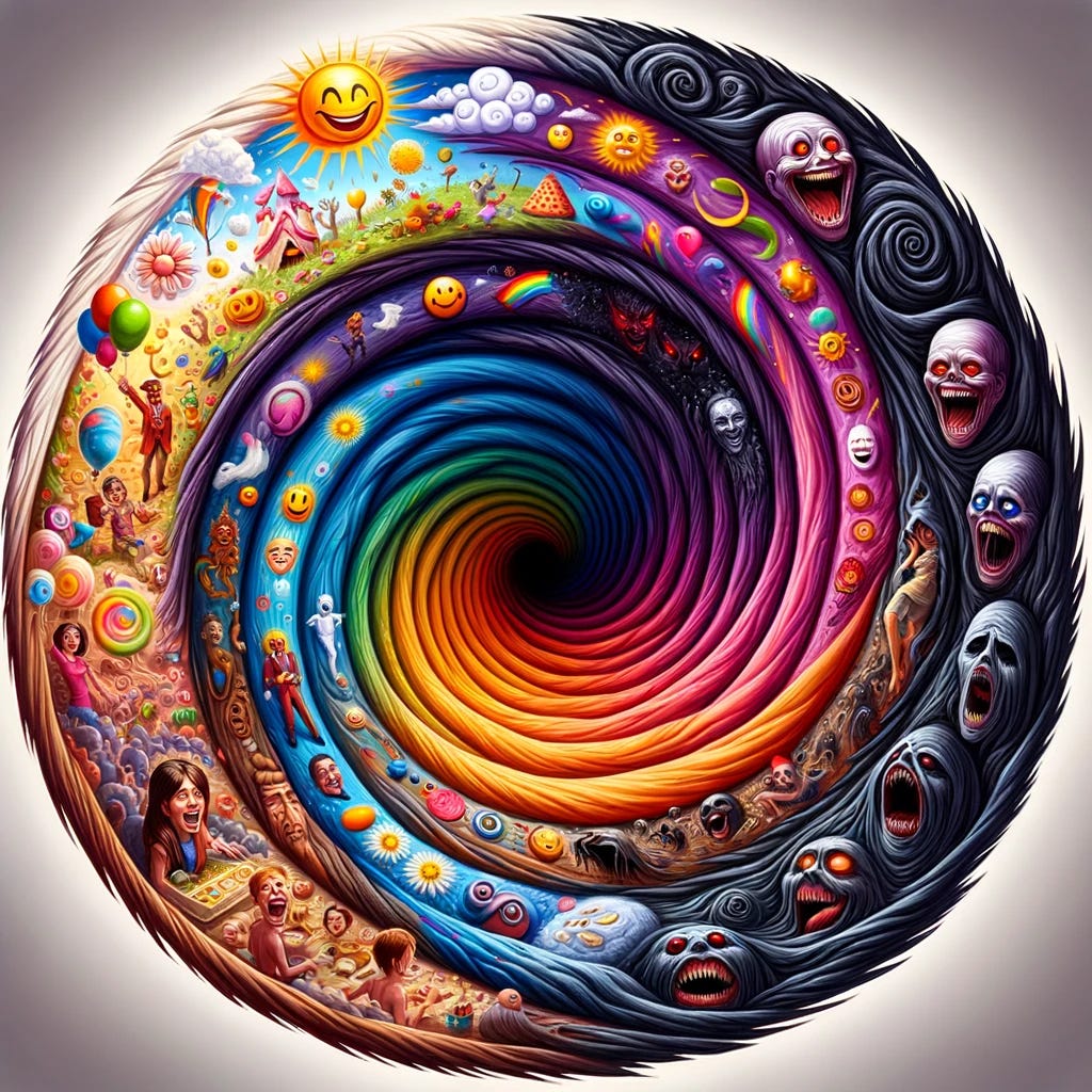 Create an image of a swirling vortex that displays happy and joyous scenes on the outer edges but becomes increasingly dark and terrifying towards the center. The outer part of the vortex should feature bright, colorful elements such as smiling faces, balloons, sunshine, and other symbols of happiness. As the vortex spirals inward, the colors should gradually darken, and the imagery should become more ominous, with shadows, eerie figures, and frightening elements dominating the core. This progression should capture the transformation from joy to terror as one moves deeper into the vortex, creating a stark contrast between the outer and inner regions.